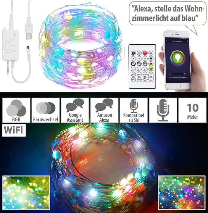 Actual product image Luminea 4pcs RGB LED light wire with music control, wifi and app, USB, 10m (10 m)