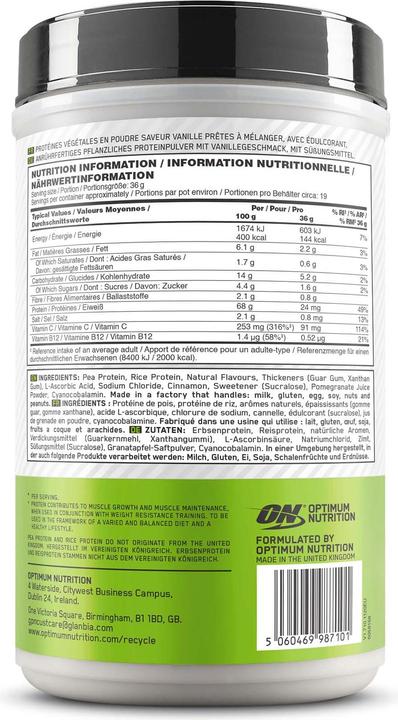 Nutritional values and ingredients Optimum Nutrition Gold Standard 100% Plant (Vanilla, 1 pcs., 684 g)