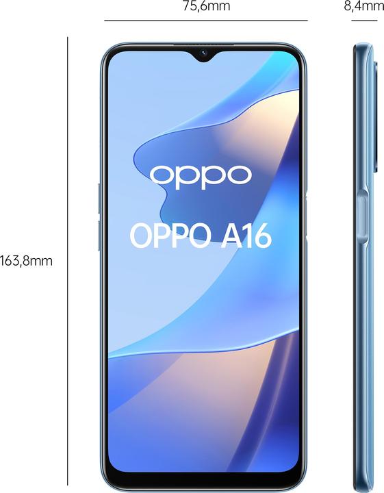Produktbild OPPO A16 (32 GB, Pearl Blue, 6.52", Dual SIM, 13 Mpx, 4G)
