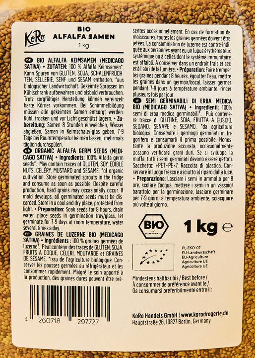 Valori nutrizionali e ingredienti KoRo Semi di erba medica biologica (Medicago Sativa) (1000 g)