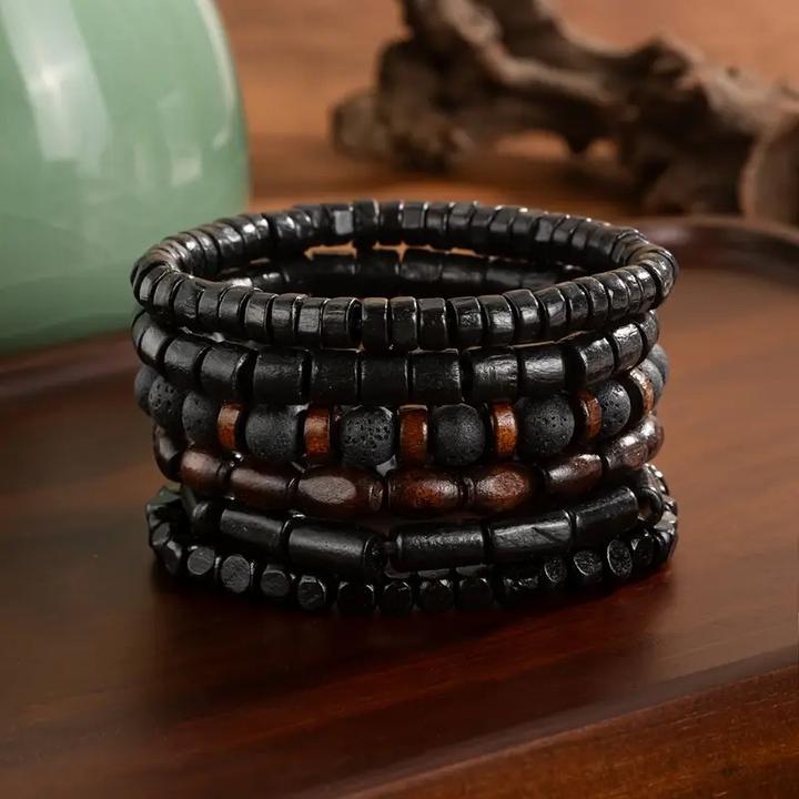 Image du produit Cbx Elastisches Perlen Armband Set Lavastein und Vintage-Holzperlen