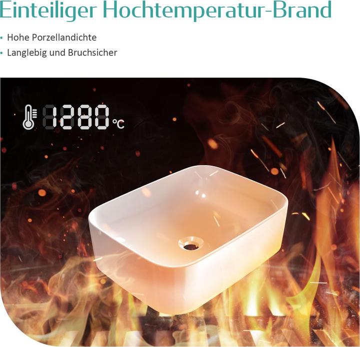 Produktbild Emke Aufsatzwaschbecken Eckiger Waschbecken Keramik Waschbecken Waschtisch Weiss Glänzend 61×15×38 cm (3800 mm, 6100 mm)