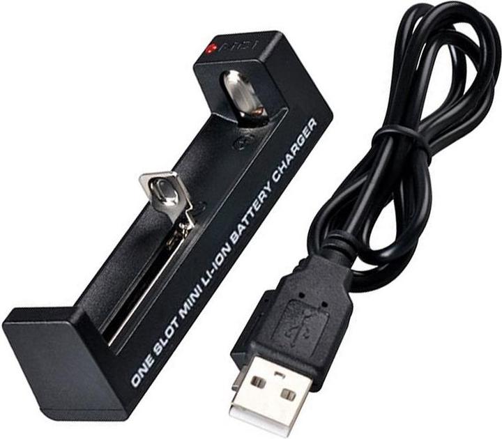 Immagine prodotto AccuCell Batteria 18650 agli ioni di litio e caricatore veloce 1-bay USB con corrente di carica fino a 1Ah (1 pz., 18650, 1000 mAh, Batteria + Caricabatterie)