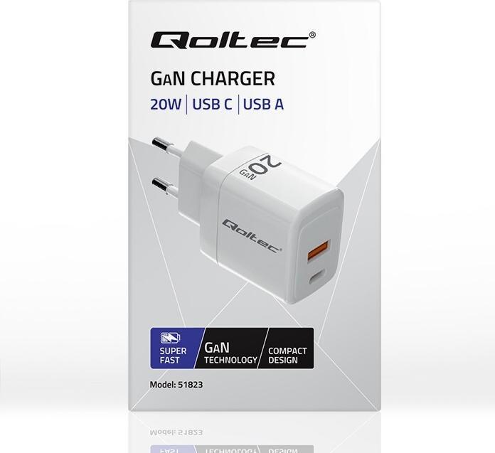 Produktbild Qoltec GaN 20W Ladegerät, 1x USB-C PD, 1x USB-A, US (20 W)