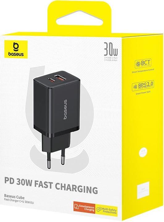 Actual product image Baseus Cube, 30W, 2.4A, 1 x USB-A - 1 x USB-C, black (30 W)