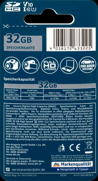 Immagine prodotto Paradies Scheda di memoria SDHC 32GB (32 GB, SDHC, U1, UHS-I)