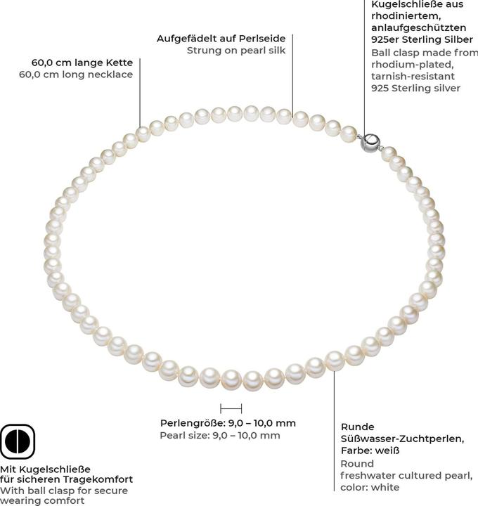 Produktbild Valero Pearls Damen Sterling Silber Süsswasser-Zuchtperle silber 60,0 cm - 3138 (Sterling Silber, 60 cm)