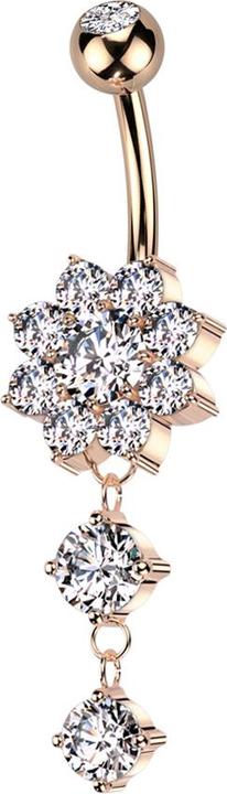 Star Piercing Banane rosegold mit Kugel Kristall silber und Blume Kristalle silber Anhänger zwei runde Kristalle (Messing, Chirurgenstahl 316L)