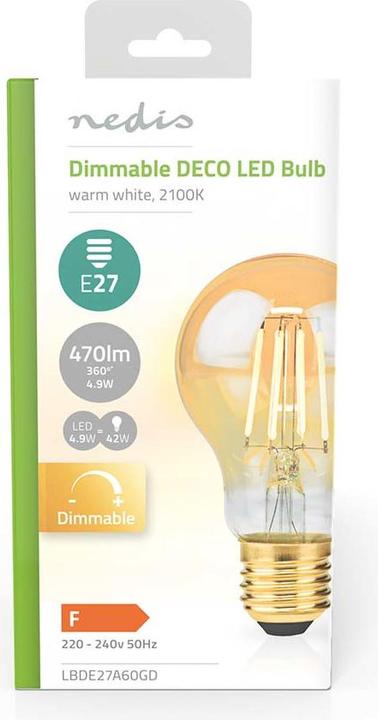 Actual product image Nedis LBDE27A60GD LED filament lamp E27 A60 4.9 W 470 lm 2100 K Extra warm white Number of lamps in (E27, 4.90 W, 470 lm, 1 x, F)