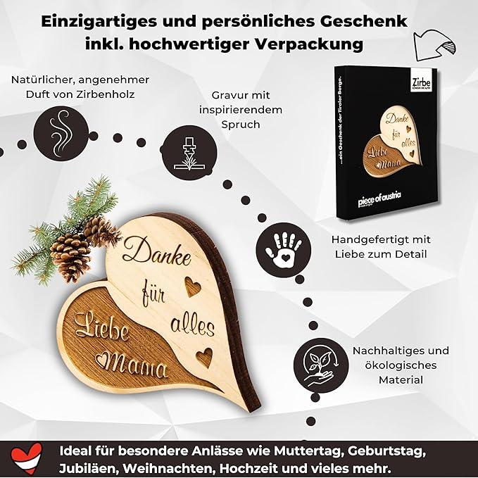 Immagine prodotto ZNatur Decorazione regalo a cuore in legno di pino svizzero con incisione Grazie per tutto il tuo amore