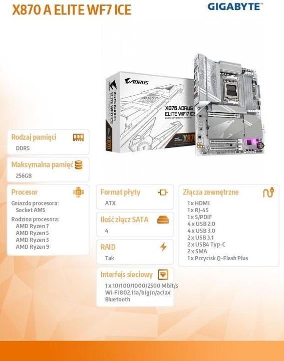 Produktbild Gigabyte X870 AORUS ELITE WIFI7 ICE (AM5, AMD X870, ATX)