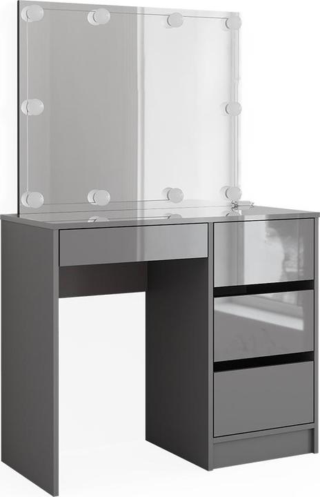 Korpus: grau, Tischplatte: Grau, matt Front, hochglänzend Einlegeboden: Weiss Spiegel: Weiss LED-Lichterkette: Weiss