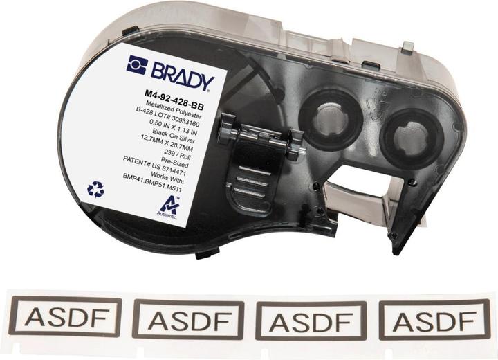 Actual product image Brady M4-92-428-BB, metallised polyester, black on silver, 12.70 x 33.02 mm, permanent (239