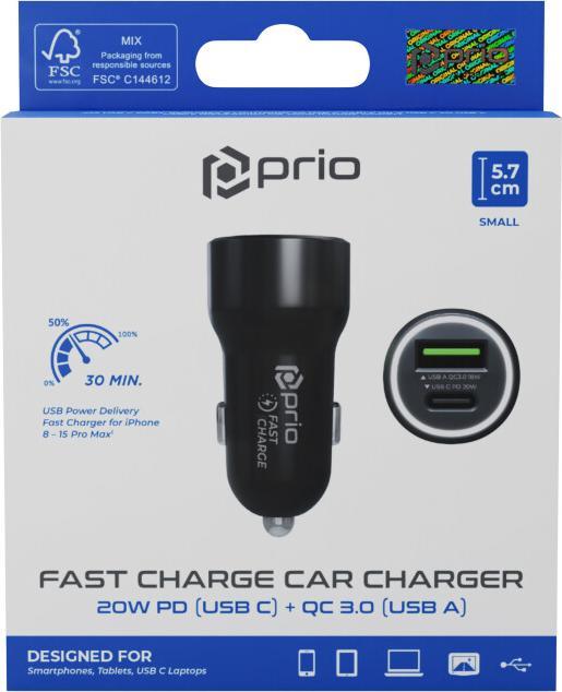 Actual product image prio Fast Charge Car Charger 20W PD (USB C) + QC 3.0 (USB A) black