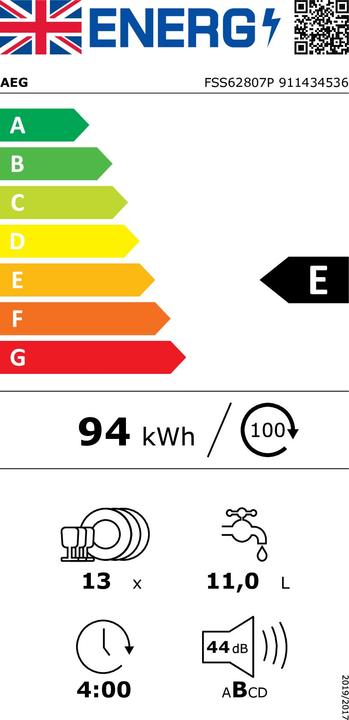 Energie-Label AEG FSS62807P - ProClean - ComfortLift - Inbouw vaatwasser