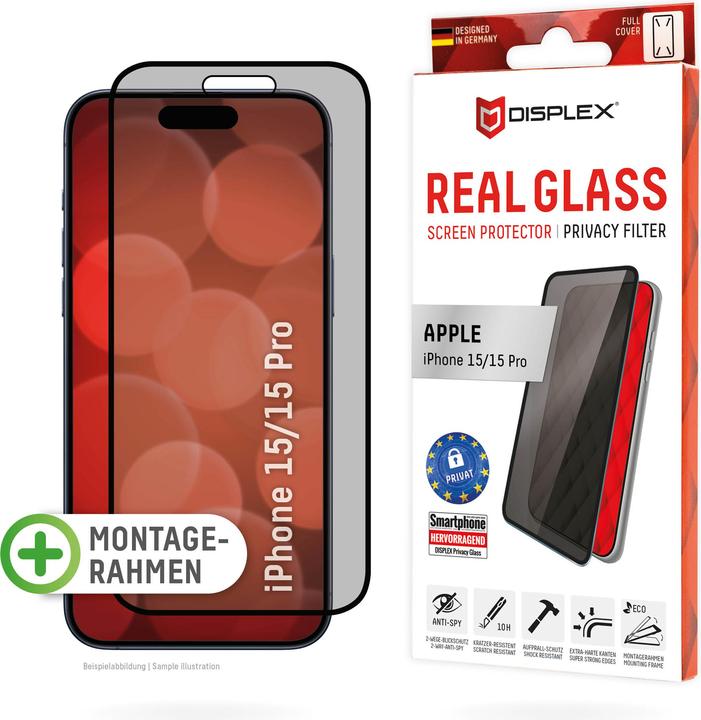 Immagine prodotto Displex Real Glass, Privacy Full Cover Panzerglas (1 Pezzo/i, Apple iPhone 15 Pro, Apple iPhone 15)