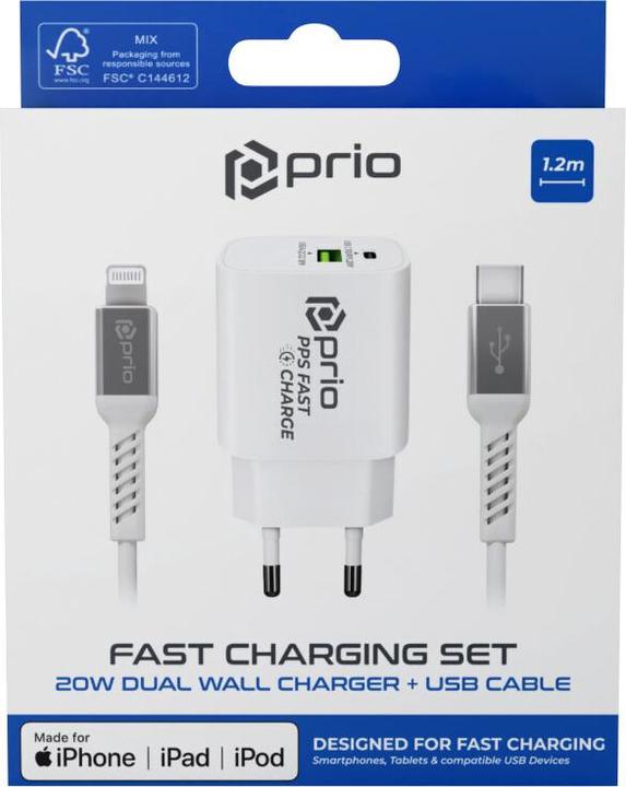 Immagine prodotto prio Set Mfi (caricatore da parete doppio da 20W + cavo Lightning) bianco (15 W)
