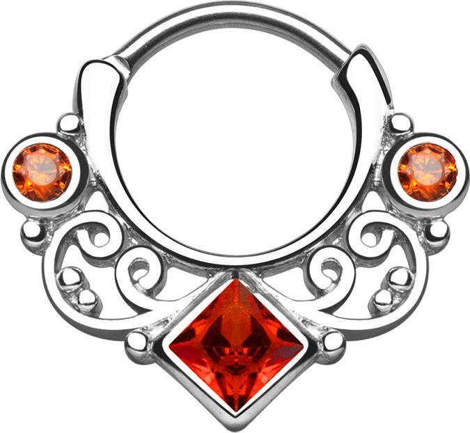 Star Piercing Septum mit zwei runden und einem grossen viereckigem Kristall rot (Messing, Chirurgenstahl 316L)