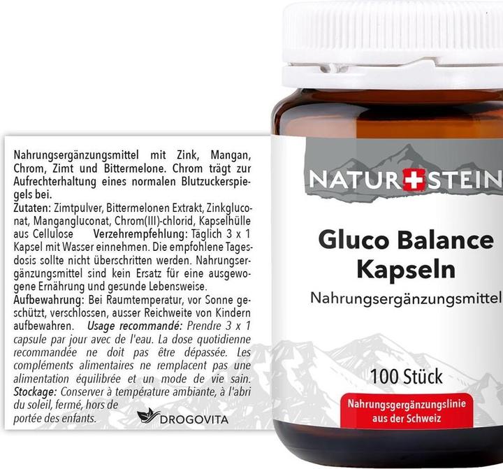 Valeurs nutritives et ingrédients Naturstein Gluco balance Capsules 100 pcs (100 pièce(s), Capsules, 147 g)
