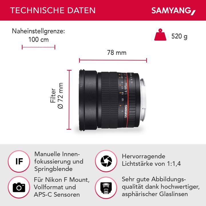 Produktbild Samyang 85mm f/1.4 AS IF UMC - Nikon F (Nikon F, APS-C / DX)
