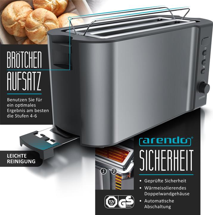 Produktbild Arendo Frühstücks Set, 4 Scheiben Langschlitz Toaster mit Brötchenaufsatz & Eierkocher für 7 Eier, Grau