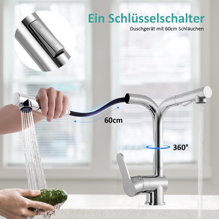 Produktbild Emke Küchenarmatur mit Ausziehbare Brause 2 Strahlarten Spültischarmatur, 60cm Schlauch, Chrom