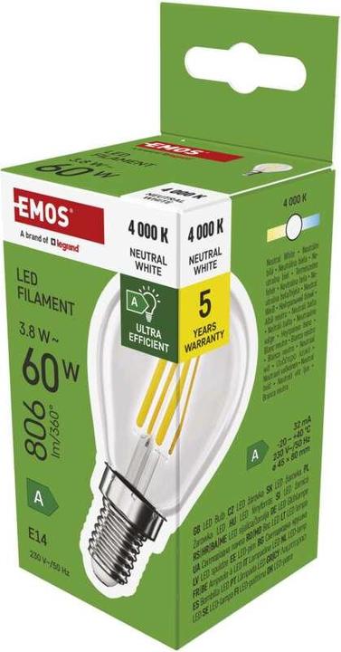 Actual product image Emos LED lamp Filament Mini Globe A CLASS / E14 / 3.8 W (60 W) / 806 lm / Neutral White (E14, 3.80 W, 806 lm, 1 x, A)