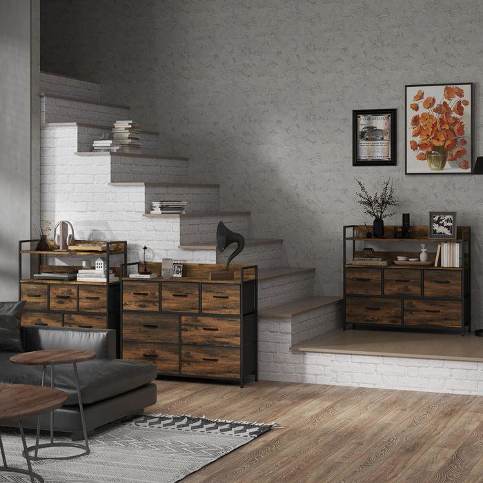 Image du produit Swisshandel24 Commode, Sideboard avec 7 tiroirs en tissu, design industriel, cadre en acier, 98x29x85cm, brun/noir
