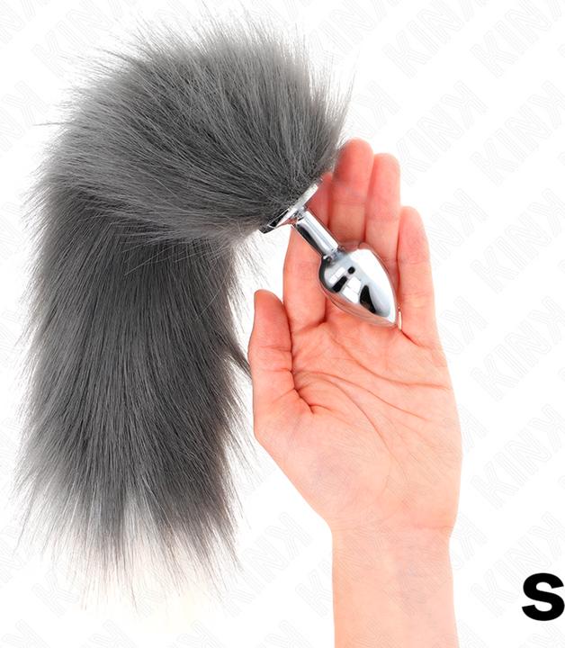Actual product image Kink Anal Plug Size S 7 X 3 cm With Plastic Tail 40 cm Grey And White