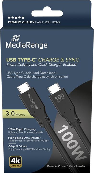 Produktbild MediaRange Lade- & Datenkabel USB-C E-Mark-Chip 10Gbit/s 3m (3 m, USB 3.2, 100 W)