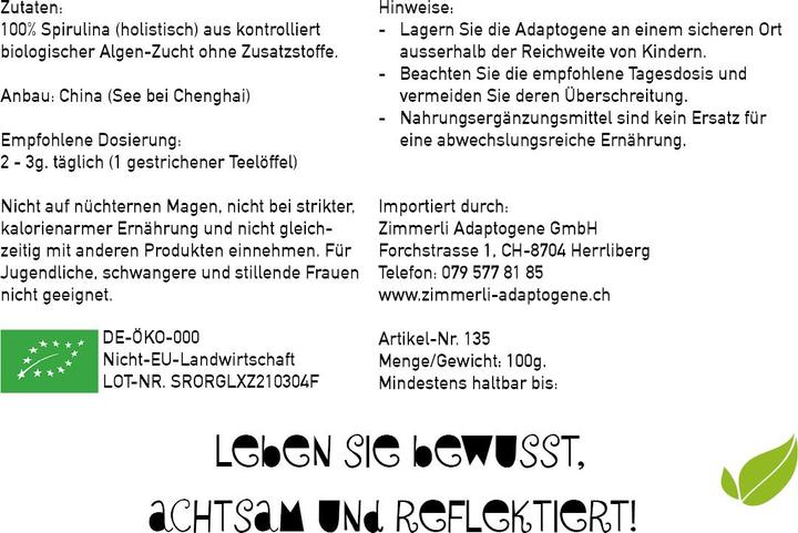 Nährwerte und Zutaten Zimmerli Adaptogene Spirulina Pulver (BIO) (1 Stück, Pulver, 100 g)