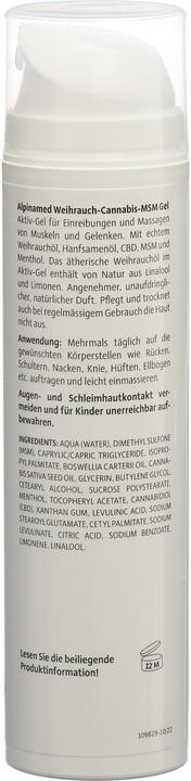 Nährwerte und Zutaten Alpinamed Weihrauch Cannabis MSM Gel Gel (1 x, 200 ml, 280 g)