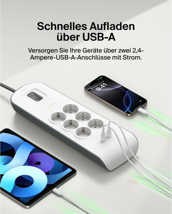 Actual product image Belkin Steckdosenleiste 6-fach + 2xUSB-A, 2m Kabel BSV604vf2M-V2 (6 x, USB, 2 m)