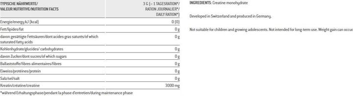 Valeurs nutritives et ingrédients Sponser Monohydrate de créatine (1 pièce(s), Poudre, 500 g)