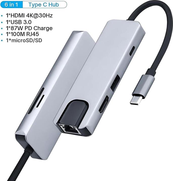Immagine prodotto Hermex Dockingstation Multi USB-Hub USB-C 6in1 USB-A 3.0 HDMI 4K microSD/SD RJ45 (USB-C, 6 Porti)