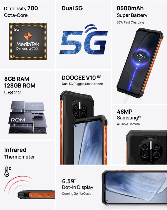 Produktbild Doogee V10 5G (128 GB, Golden Orange, 6.39", Dual SIM, 48 Mpx, 5G)