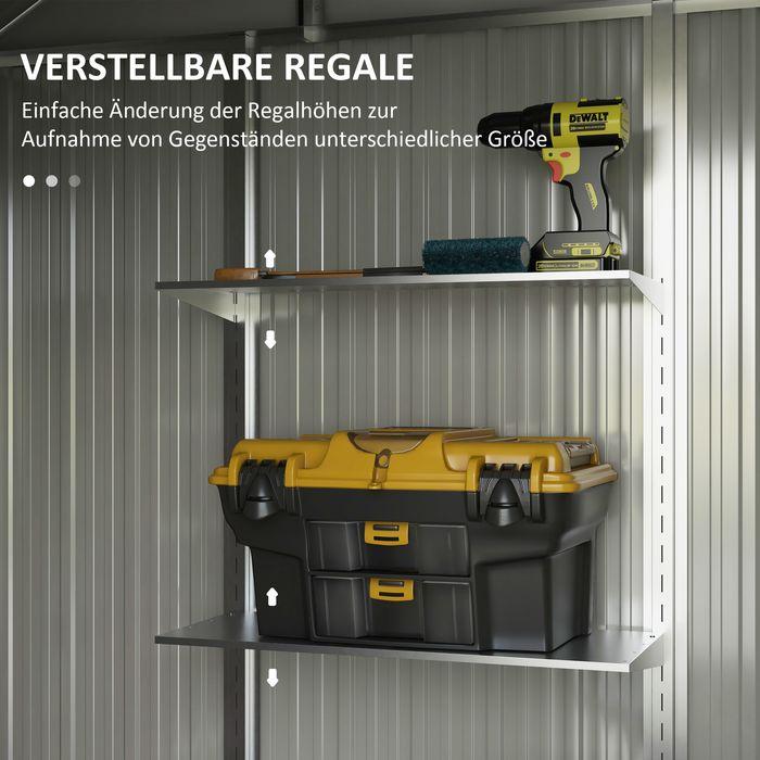 Immagine prodotto Swisshandel24 Gerätehaus Stahl 2,7m² UV-Schutz 2 Schiebetüren Regal Fundament Dunkelgrau 238x132x198,5cm