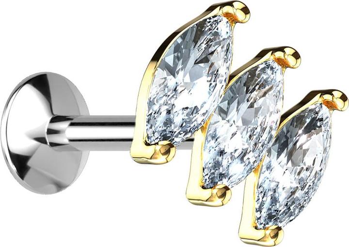 Produktbild Star Piercing Micro UFO Labret Innengewinde vergoldet mit drei ovalen Kristallen (Chirurgenstahl 316L, Messing)