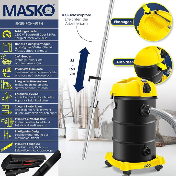 Immagine prodotto Masko 6IN1 Aspirapolvere industriale giallo (Aspirapolvere a umido e a secco)