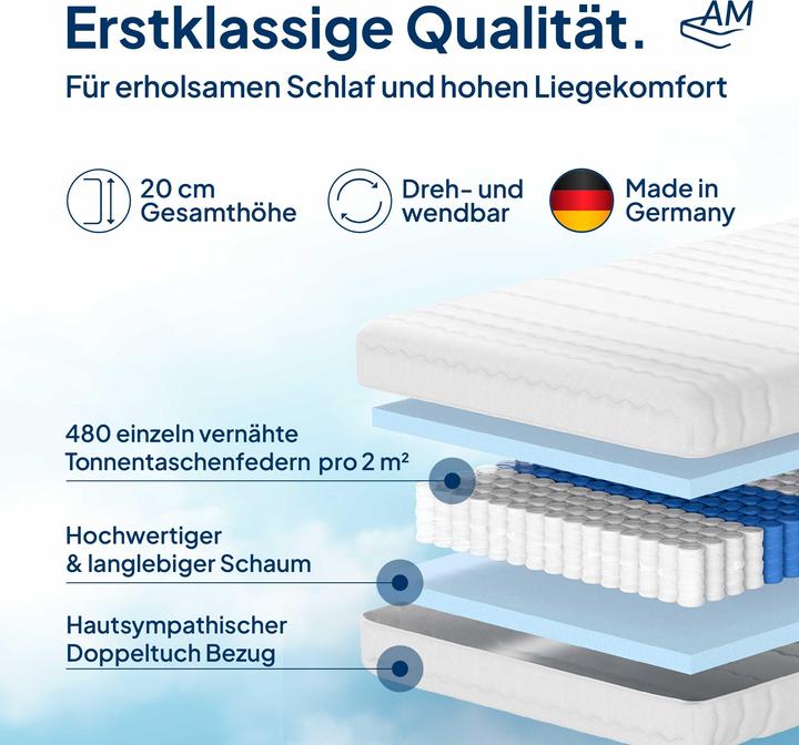 Produktbild AM Qualitätsmatratzen Orthopädischer 7-Zonen Taschenfederkern (140 x 180 cm, Federkern)
