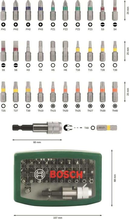Produktbild Bosch Zubehör Schrauberbit-Set mit Farbcodierung, 32-teilig (Innensechsrund TX M10, Innensechsrund TX M15, Innensechsrund TX M20, Innensechsrund TX M30, Kreuz Pozidriv PZ M1, Innensechsrund TX mit Loch M20, Kreuz Phillips PH M1, Kreuz Phillips PH M2, Innensechsrund TX M25, Innensechsrund TX M27, Innensechsrund TX M40, Sechskant (hexagonal) M4)