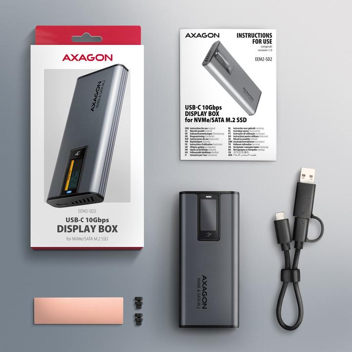 Actual product image Axagon Boitier externe USB-C 3.2 EEM2-SD2 - S-ATA/NVMe M.2 Type 2280 (Noir) (M.2 2280)