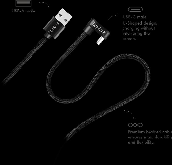 Productafbeelding LogiLink USB 2.0 Type-C kabel, C/M 180° naar USB-A/M, aluminium, zwart, 2 m (2 m, USB 2.0, 20 W)