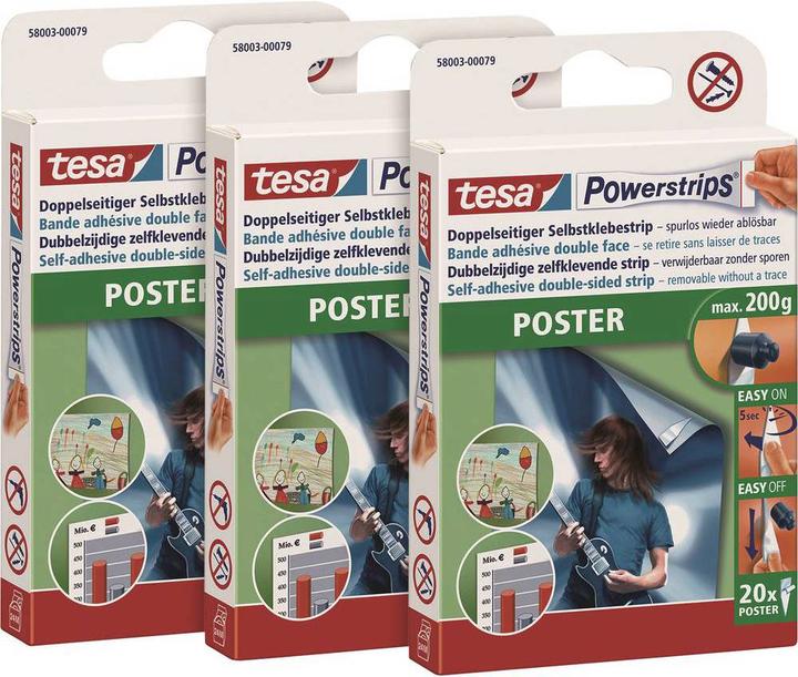Actual product image tesa 3x Powerstrips POSTER, 200g Halteleistung, 60x doppelseitige Klebestreifen