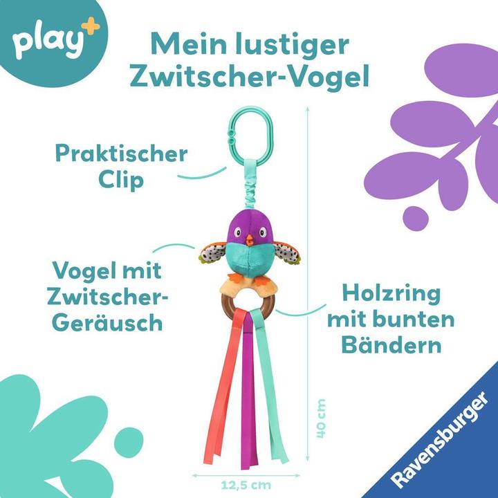Actual product image Ravensburger 4853 play+ chirping bird, wooden grasping toy, cuddly toy with chirping belly