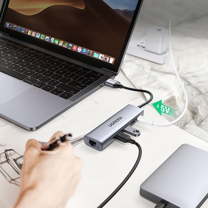 Produktbild Ugreen CM266 Hub Adapter 5in1 USB, 3x USB 3.0, micro USB, RJ45 (gray) (Micro USB, USB-A, 5 Ports)