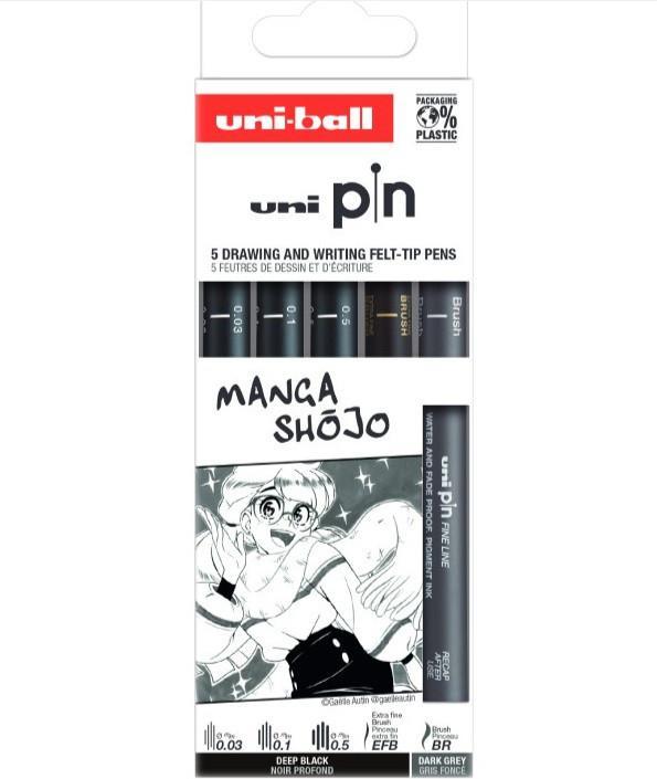 Image du produit Uni-ball Fineliner PIN ""Manga Shojo"" PF, set de 5 encre pigmentée, résistante à l'eau, bordures en métal (Noir, Gris, 5 x)