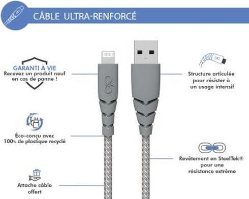Produktbild Force Power Ultra-verstärktes USB A/Lightning-Kabel 2.4A Beständig gegen 50.000 Biegungen bei 180° 2m (2 m)