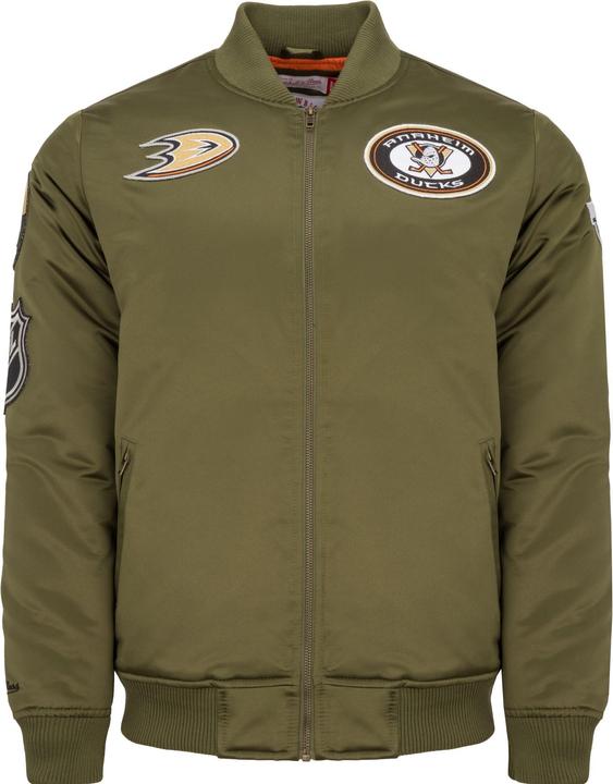 Mitchell & Ness M&N Satin Bomber Jacke - PATCHES Anaheim Ducks oliv - XL (XL)