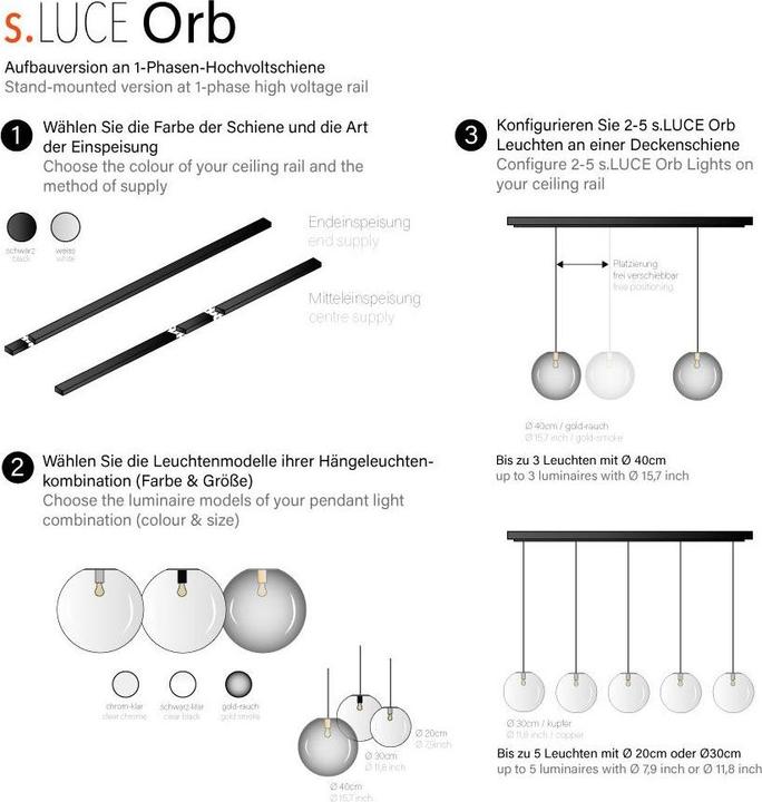 Image du produit s.luce Orb Lampe à suspendre en verre de 2 à 5 flammes, système de rail monophasé inclus (E27)
